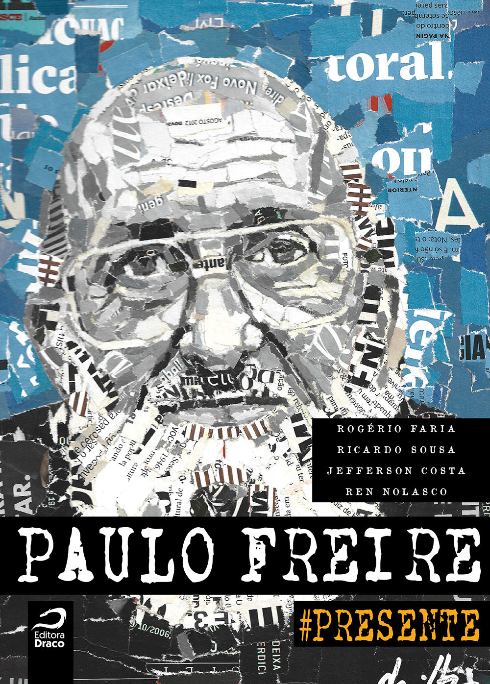 Foto de Paulo Freire em desenho estilizado. Fundo azul